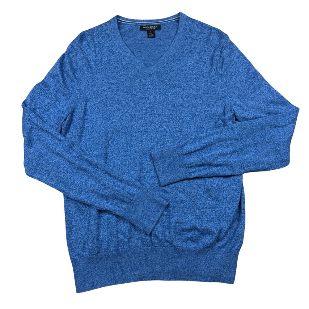 Banana Republic Luxury Blend Silk Cotton Cashmere V-Neck Sweater Blue Mens Large - Picture 2 of 8